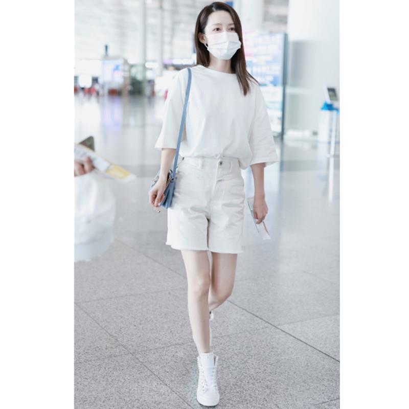 欧洲抖音李沁同款白色毛边牛仔短裤女高腰显瘦直筒休闲裤2021夏季