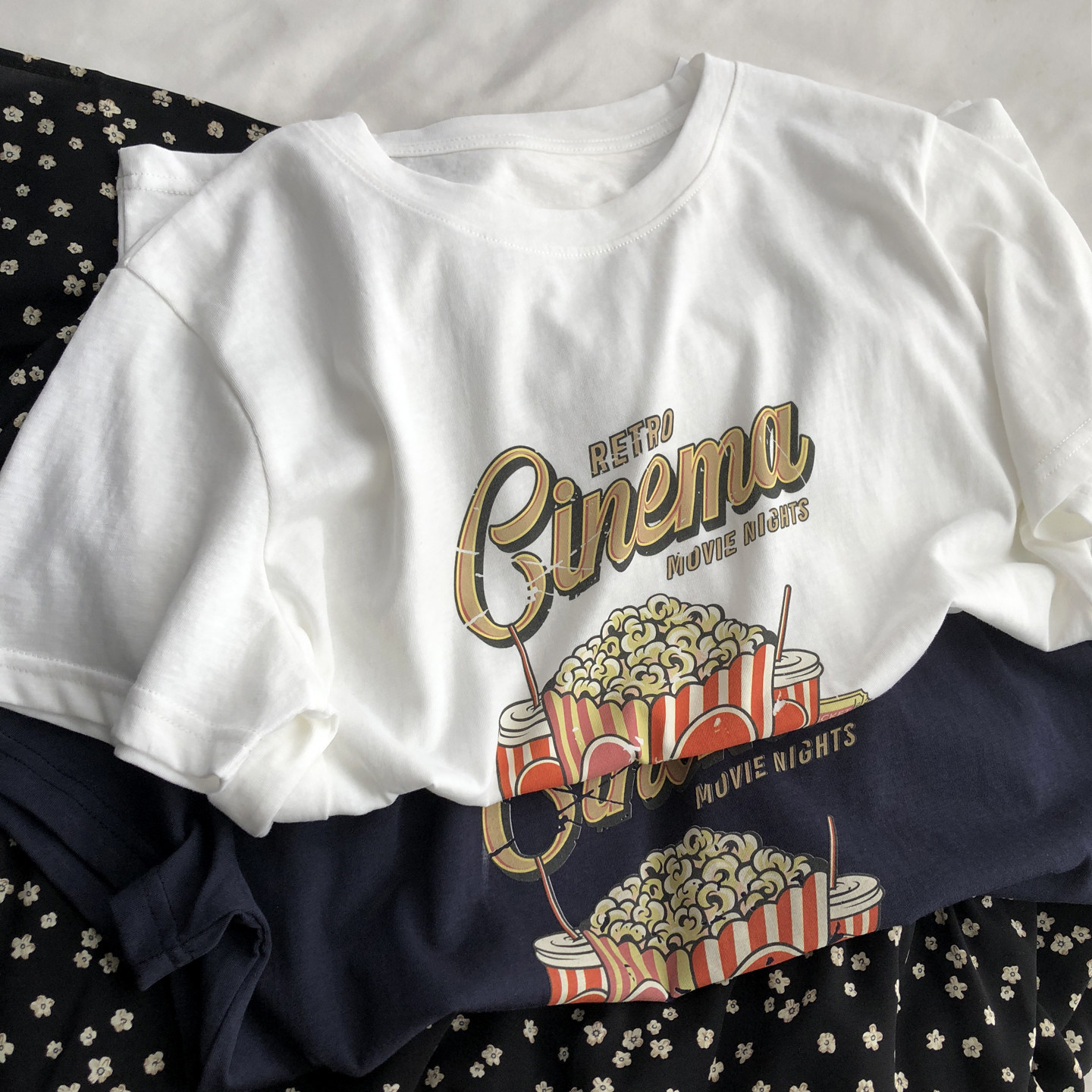 爆米花 雪花棉薄款舒适减龄韩版圆领T恤短袖百搭休闲上衣夏