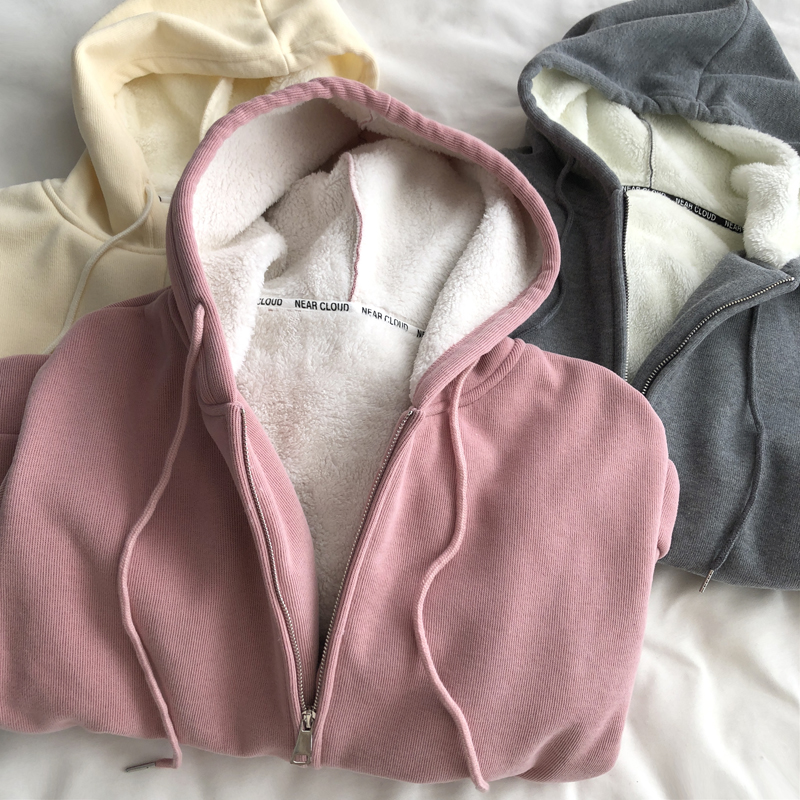 收尾秒杀！敲暖~加厚羊羔毛毛连帽外套女纯色宽松拉链开衫卫衣冬