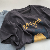 韩国灰 香蕉印花减龄休闲短袖 T恤圆领百搭套头撞色tee