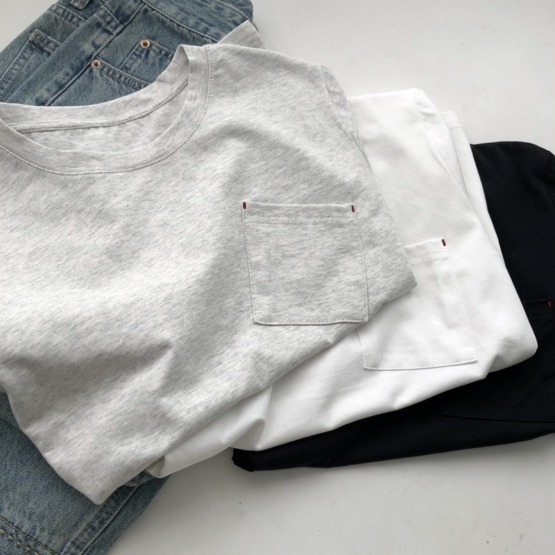 万搭极简tee 全棉套结撞色线斜口袋设计感女短袖T恤夏舒适休闲t
