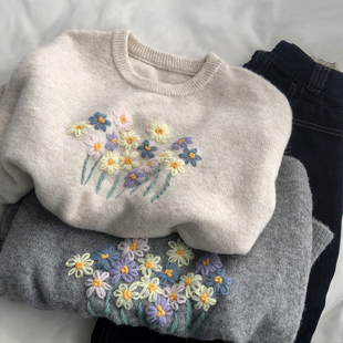 圆领套头减龄毛衣 女温柔韩版 莫奈花园 手工钩织羊毛针织衫