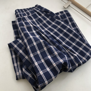 日杂风 泡泡棉肌理格纹透气复古撞色宽松休闲阔腿高腰廓形直筒裤