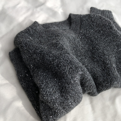 含羊毛闪片设计深灰色针织衫圆领套头毛衣/大v领马甲