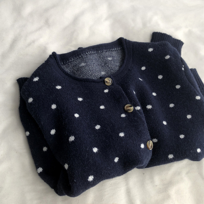 miu系波点满印提花藏蓝色毛衣针织开衫秋季百搭显瘦外套上衣