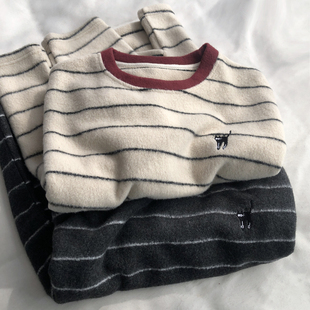 打底衫 休闲韩版 上衣 T恤圆领套头衫 雪芙磨毛条纹撞色立体刺绣长袖