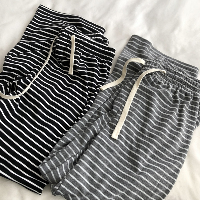 收尾秒杀！绵软横条纹直筒长裤子家居风高腰松紧抽绳休闲阔腿女裤