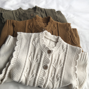 重工立体绣花木扣圆领针织衫马甲新款无袖毛衣坎肩外套