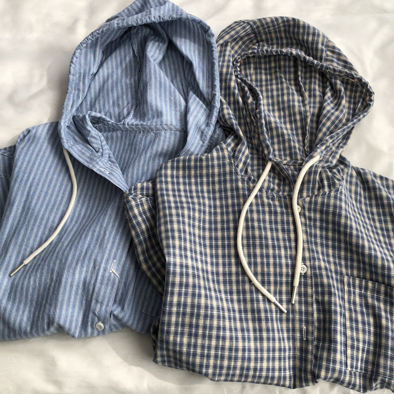 全棉色织条纹连帽新春薄款长袖排扣衬衫