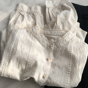 雅致温柔 重工蕾丝刺绣甜美森系百搭衬衫女早春纽扣立领长袖衬衣