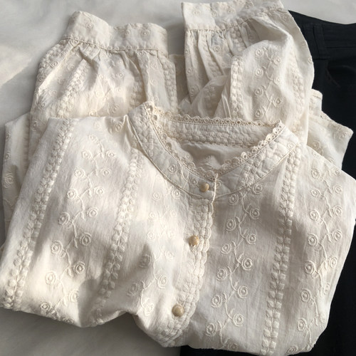 雅致温柔 重工蕾丝刺绣甜美森系百搭衬衫女早春纽扣立领长袖衬衣