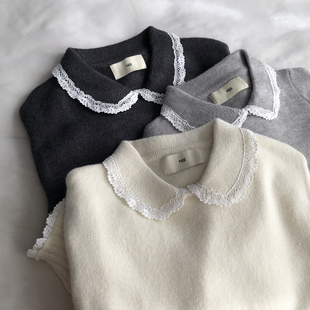 蕾丝花边娃娃领甜美百搭针织衫毛衣秋冬新正肩长袖小个子套头