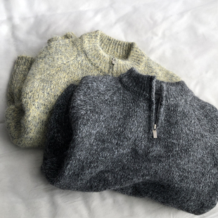 杂色系  韩版简约立领拉链套头毛绒感针织衫上衣新款百搭毛衣