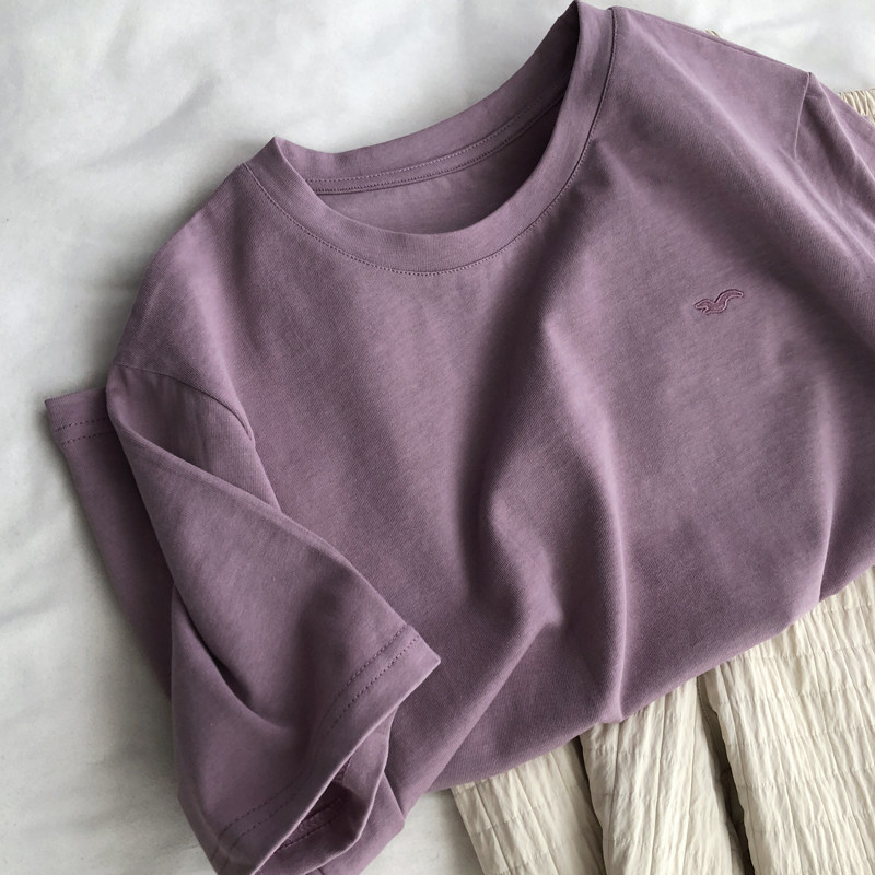 全棉/舒爽有型 紫色小剌绣短袖T恤女夏季休闲tee上衣