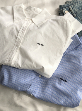 min刺绣白色/蓝格韩系polo领长袖衬衫春款百搭减龄休闲开衫衬衣