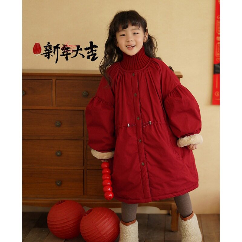2025韩版加绒派克服大衣女孩红色喜庆休闲长款棉袄反季加厚棉服潮