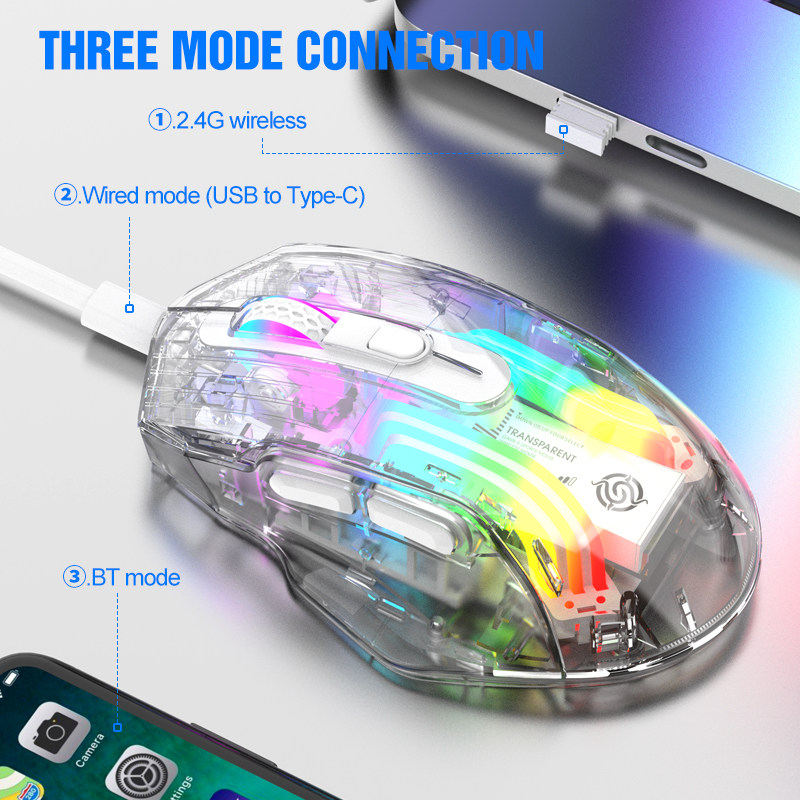 VIPER TRANSPARENT BM530 무선 삼중 모드 마우스 RGB BLUETOOTH 2.4G 충전 게임 E스포츠