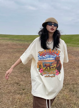 MAIKAO 美式复古创意卡通印花短袖T恤2022年夏季新款宽松圆领上衣