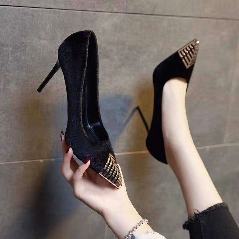 黑色绒面高跟鞋女金属头气质单鞋