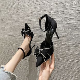 小码313233尖头高跟鞋2025新款水钻蝴蝶结一字带凉鞋女大码41一43