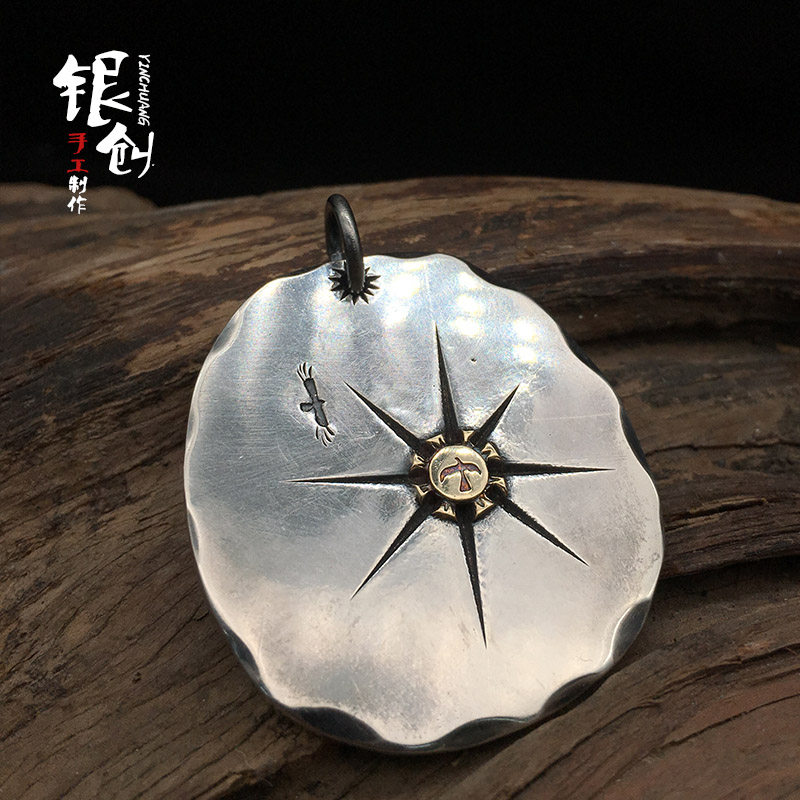 银创高桥吾郎goro手工银饼吊坠18k点金射线毛雕925银毛衣链菊地健