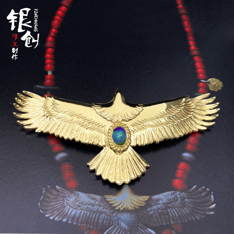 银创鹫见太郎18k金欧泊大鹰吊坠手工定制全金老鹰挂坠情侣银饰男
