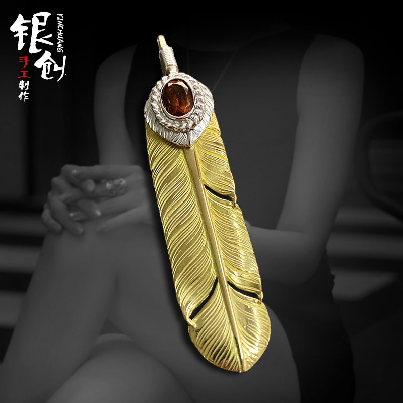 银创鹫见太郎铂金红宝石18k金M号羽毛吊坠手工定制情侣挂坠项链男