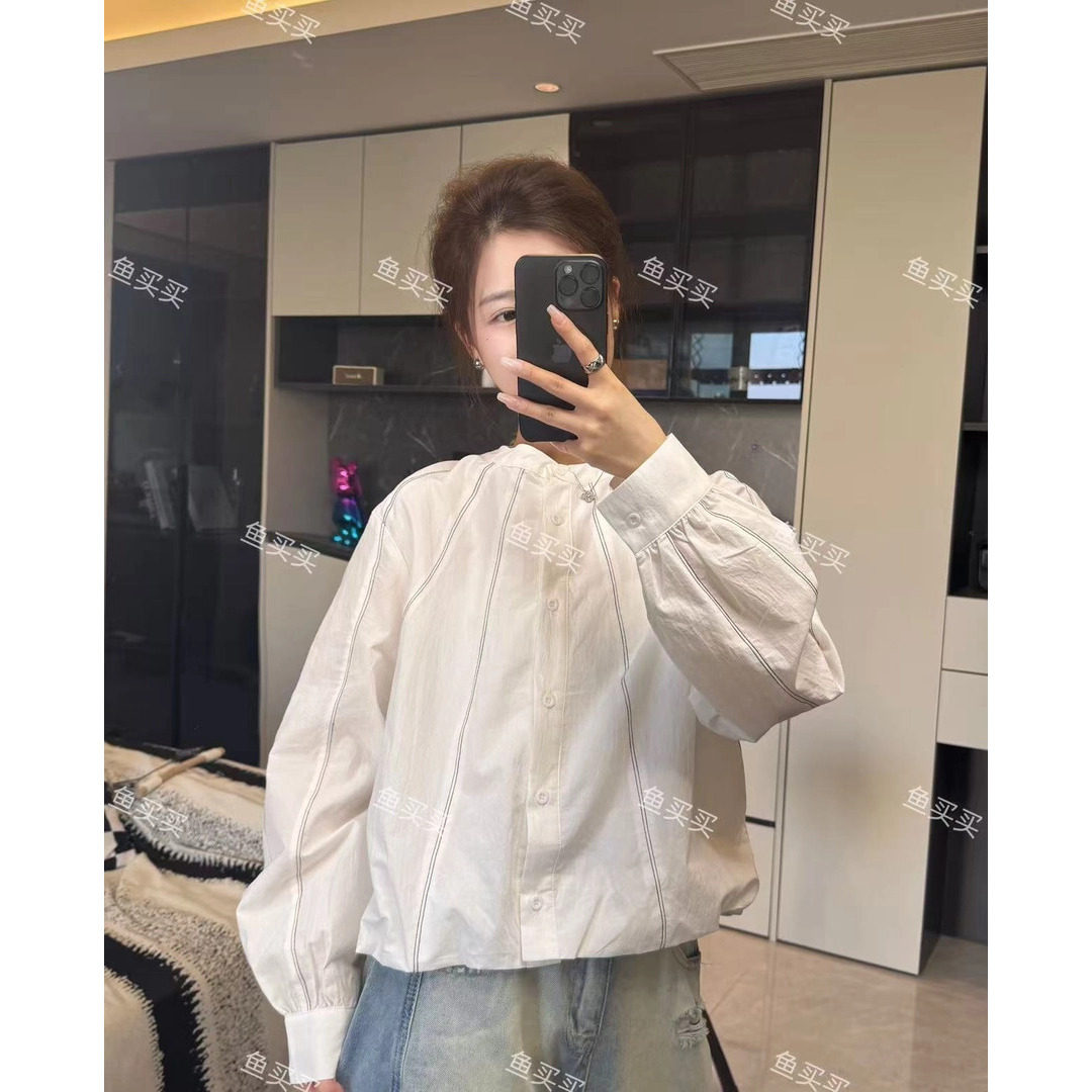 YMM-明线设计感小众白色衬衫女长袖2025新款宽松百搭圆领短款收腰