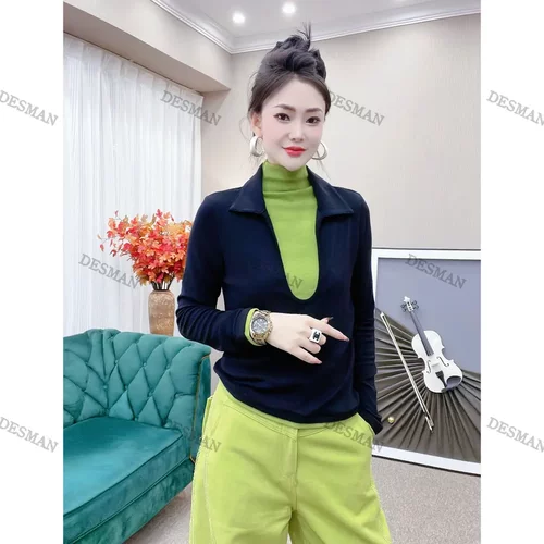 【DESMAN】秋冬新款常规翻领女保暖假两件长袖百搭上衣高领打底T