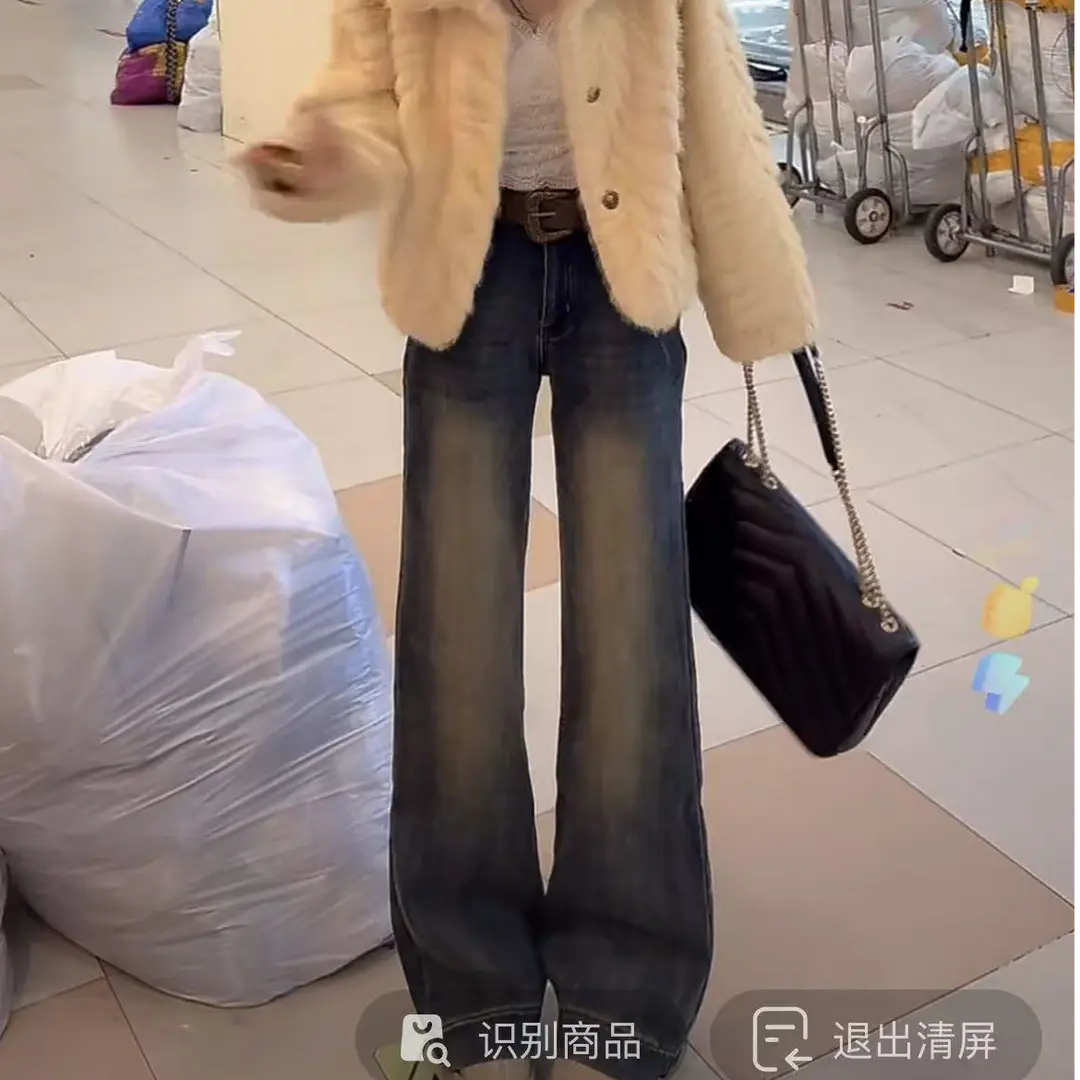 YH-加厚绒怀旧复古色牛仔裤做旧高腰长裤时尚百搭SS146