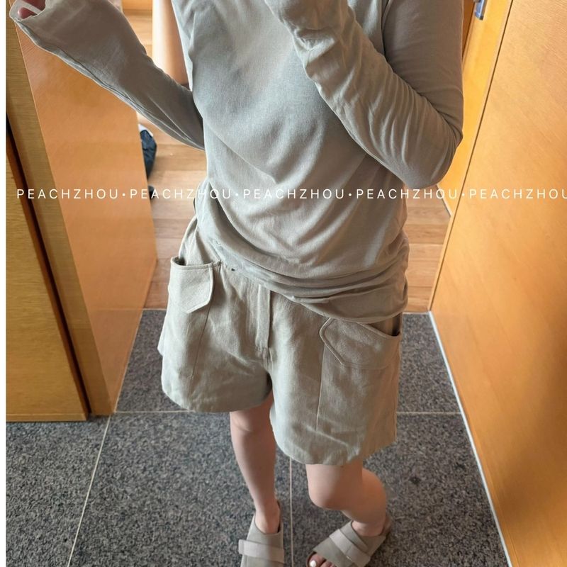 GG棉麻工装智性调节扣宽松随性休闲松驰阔腿三分短裤女