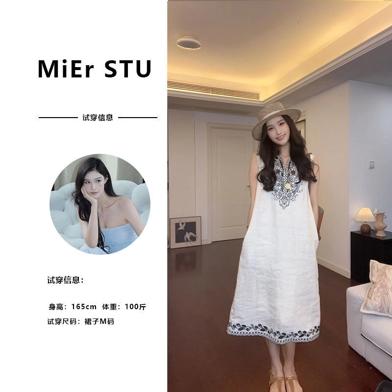 MER南油高货女时尚圆领刺绣亚麻无袖背心度假风连衣裙2584