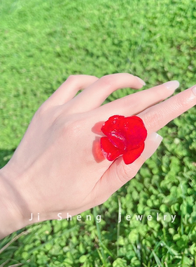 手工真花开口调节红色花朵戒指