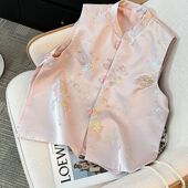 现货高档马甲女新中式 马甲盘扣提花立领女太太复古国安可拉红上衣