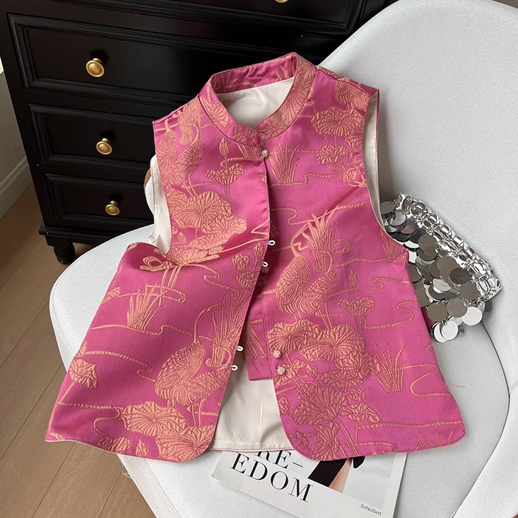 新中式国风提花马夹外套立领无袖上衣2025春夏新款马甲减龄坎肩女