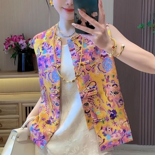 新款早秋古风女装新中式妈妈盘扣撞色刺绣马夹国风马甲女外穿上衣