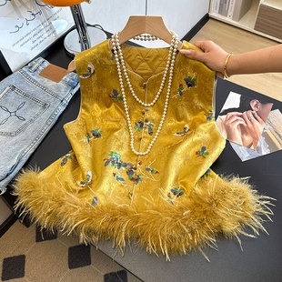 新中式国风马甲秋冬夹棉坎肩背心鸵鸟毛女款马夹盘扣提花无袖外搭