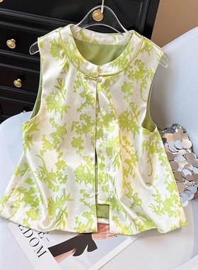新中式绿色马甲国风年轻款高级感春夏外穿背心女非遗圆领背心大码