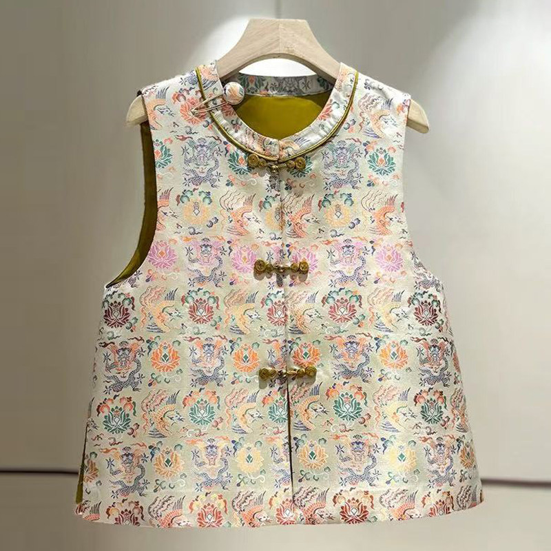 新中式国风马甲重工提花盘扣坎肩高端马夹背心缎面宋锦上衣女秋季