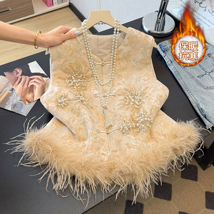 复古国风坎肩鸵鸟毛提花无袖 新款 马夹背心 夹棉马甲女秋冬季 新中式