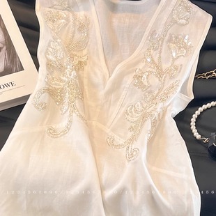 上衣女夏高级感宽松马甲背心 重工珠绣V领无袖 2025新款 国风新中式