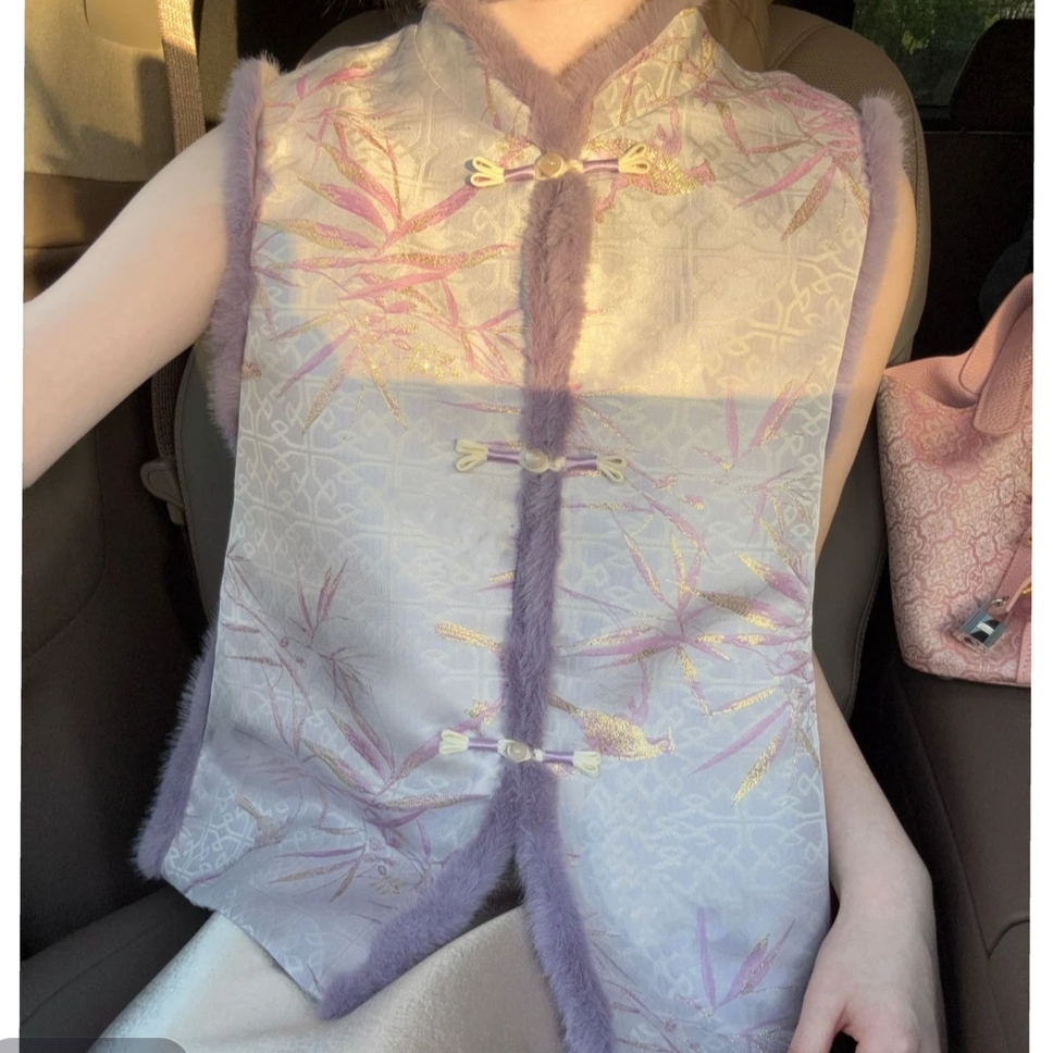 2025冬季中国风织锦时尚提花马甲女新中式毛毛领夹棉保暖加厚马夹