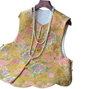 新中式个性国风马甲女款叠穿背心复古牡丹印花高端马夹坎肩春款