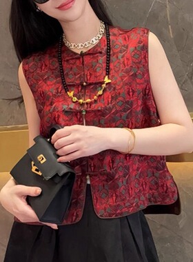新中式唐装印花红色上衣女2026春季新款盘扣马甲高级漂亮无袖背