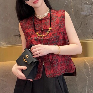 新中式唐装印花红色上衣女2026春季新款盘扣马甲高级漂亮无袖背
