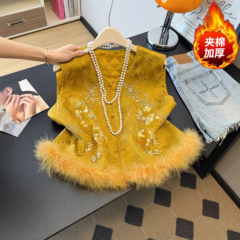 2026钉珠背心新中式鸵鸟毛马夹坎肩女春季新款复古国风夹棉马甲,女装/女士精品,马夹,淘宝优惠券,粉丝福利购,淘宝优惠卷
