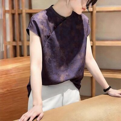 2026夏季新款新中式紫色印花立领斜襟衬衫女复古盘扣短袖百搭上衣