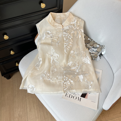 夏季薄新中式马甲女时尚气质重工刺绣立领欧根纱复古中国风