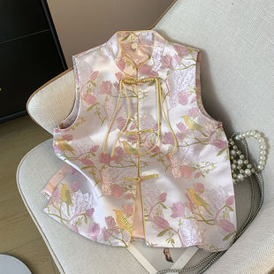 高端新中式古装汉元素缎面提花马甲外套女秋季新款小个子上衣背心