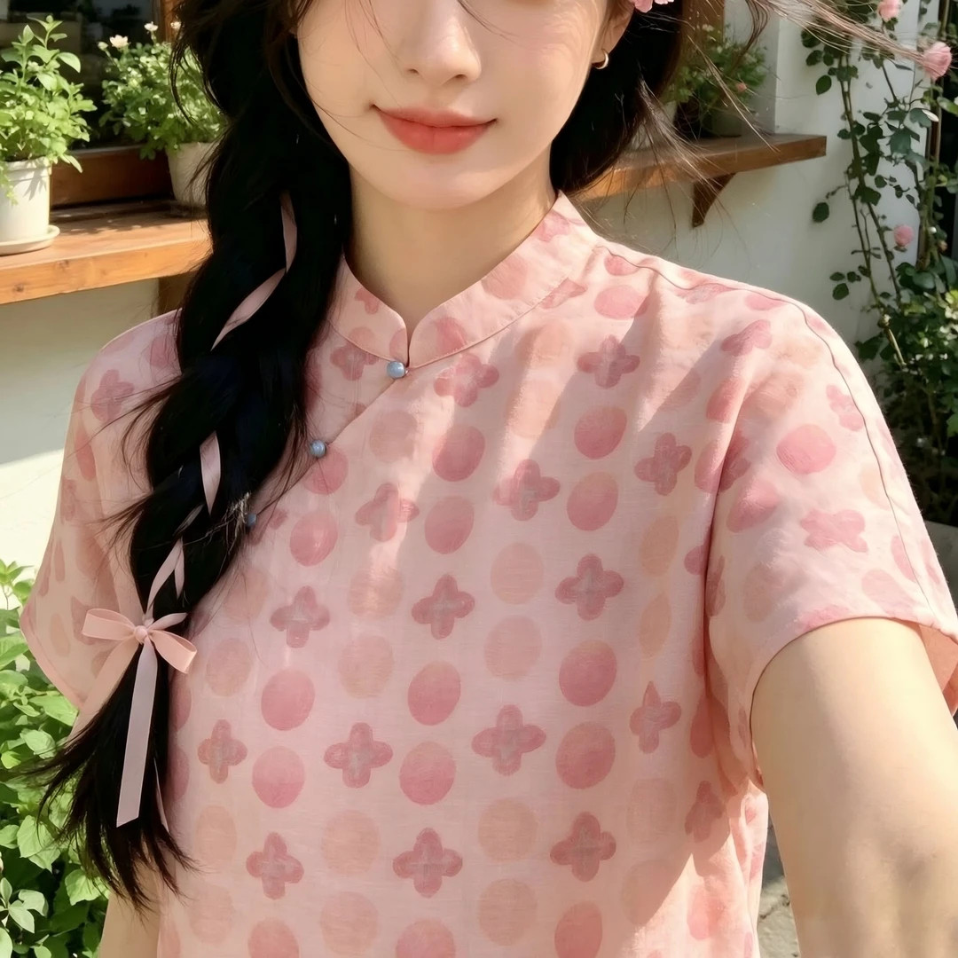 温柔国风粉色四叶花印花立项斜襟珠扣短袖衬衫女轻薄荷叶摆上衣夏